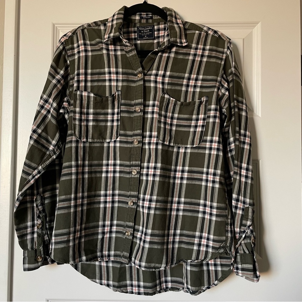 Abercrombie and Fitch Boyfriend Plaid Olive Green Button Down Blouse Size Medium